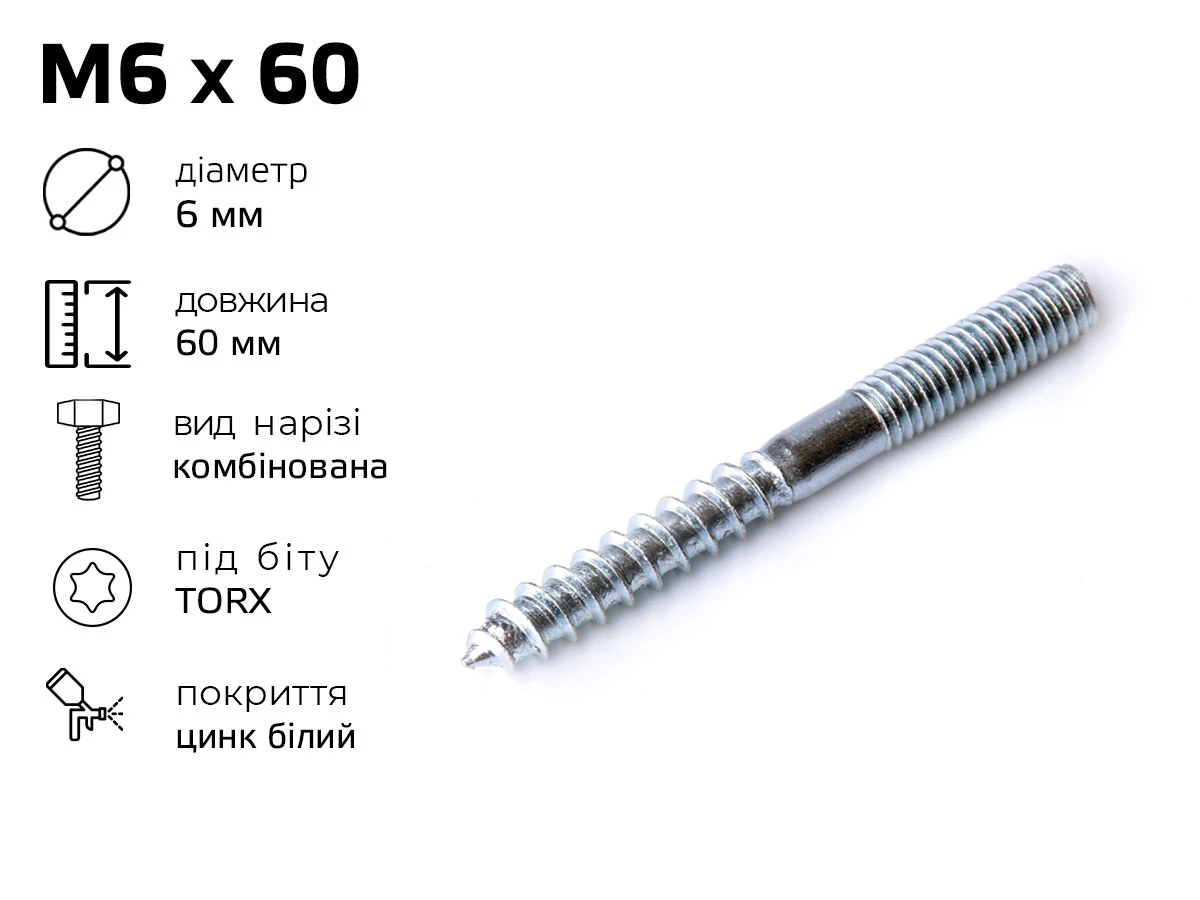Гвинт - шуруп комбінований М6, довжина - 60 мм 