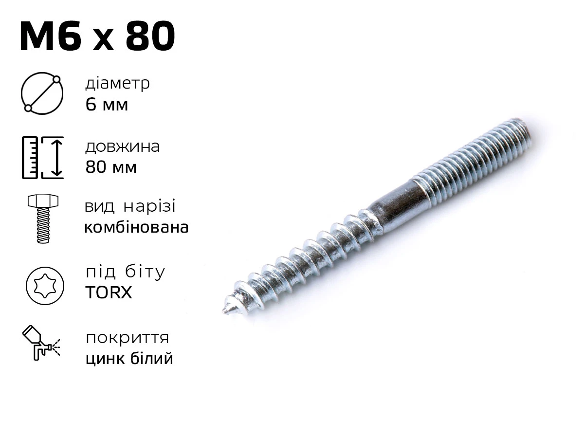 Гвинт - шуруп комбінований М6, довжина - 80 мм 