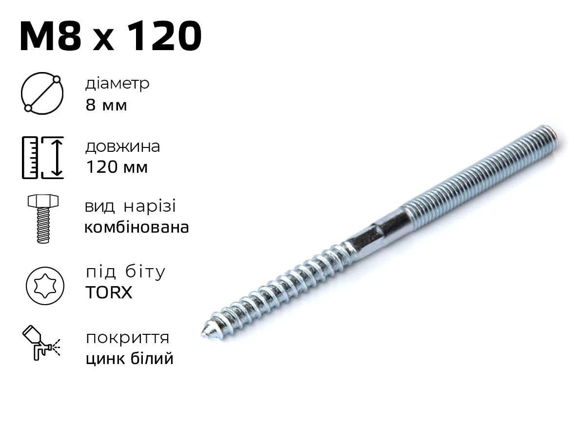 Гвинт - шуруп комбінований М8, довжина - 120 мм 