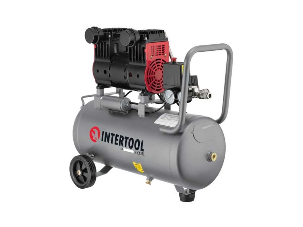 Компресор 24 л, 1.5 кВт, 220 В, 8 aтм, 200 л/хв, 1400 об/хв, безмасляний, 2 циліндра INTERTOOL PT-0032 