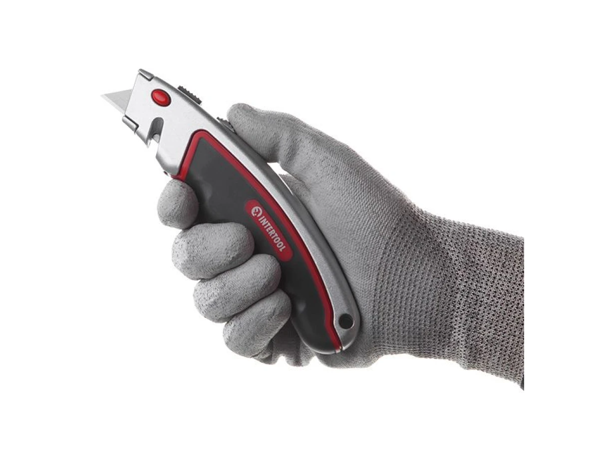 Ніж з висувним трапецієподібним лезом, металевий корпус, прогумований INTERTOOL HT-0516 