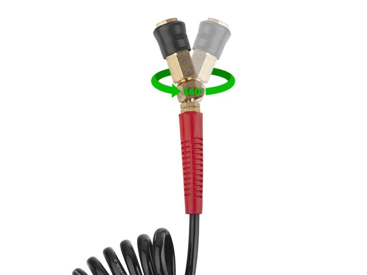 Шланг BLACK M-Flex 5.5*8 мм, 10 м спіральний поліуретановий з поворотним шарніром, латунними швидкороз'ємними з'єднаннями STORM INTERTOOL PT-1790 