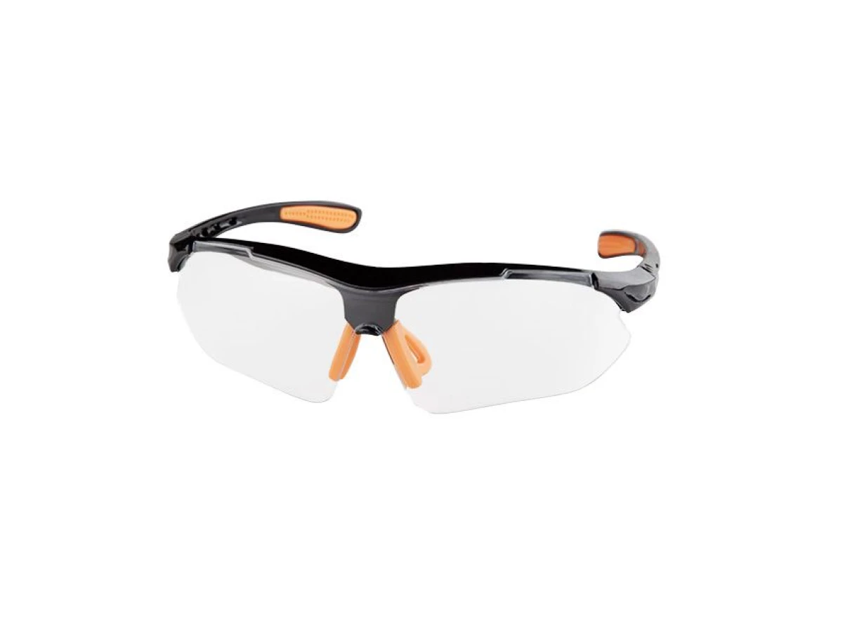 Очки защитные прозрачные, материал линз поликарбонат, заушины черного цвета, материал нейлон, резиновая накладка для носа, защита от удара INTERTOOL SP-0092 