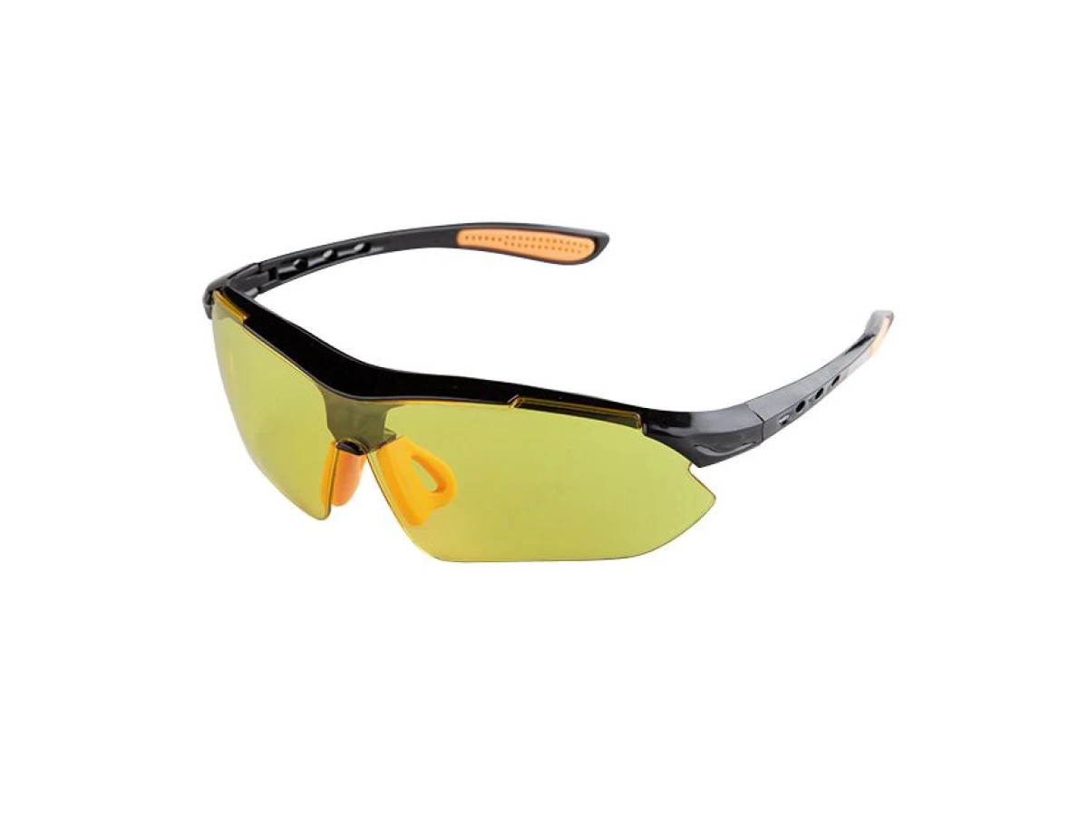 Очки защитные желтые, материал линз поликарбонат, заушины черного цвета, материал нейлон, резиновая накладка для носа, защита от удара INTERTOOL SP-0093 