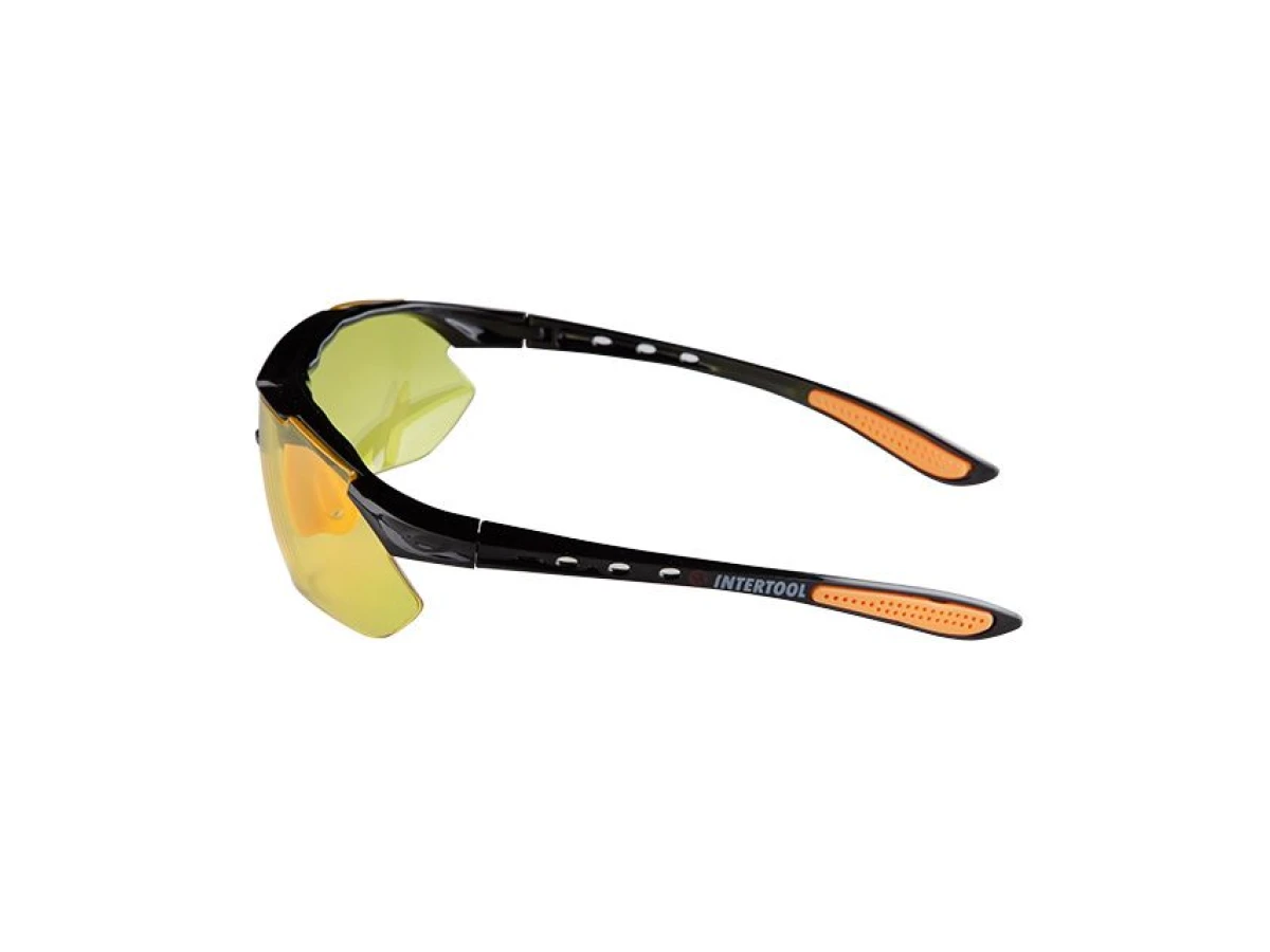 Очки защитные желтые, материал линз поликарбонат, заушины черного цвета, материал нейлон, резиновая накладка для носа, защита от удара INTERTOOL SP-0093 