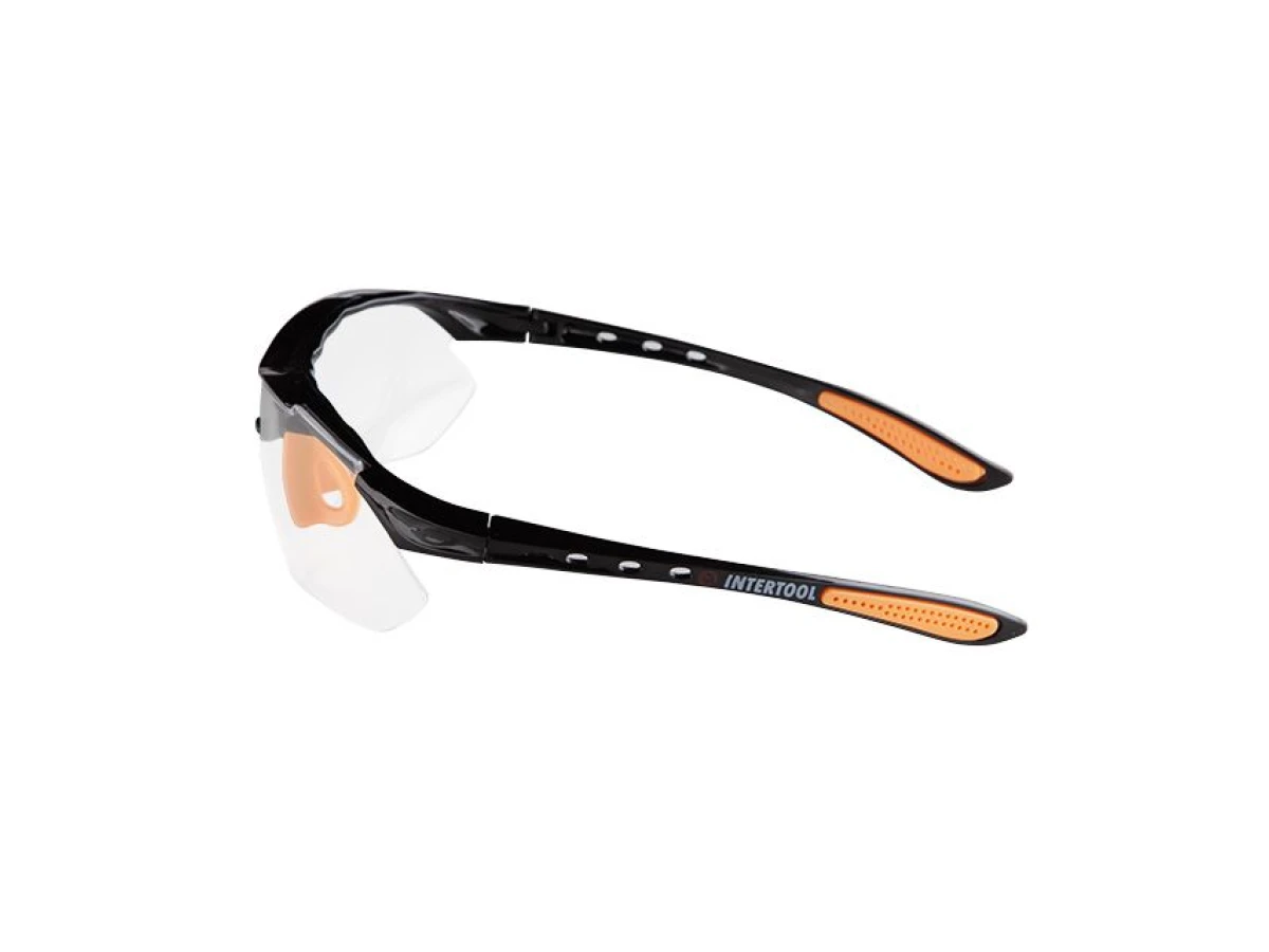 Очки защитные прозрачные, материал линз поликарбонат, заушины черного цвета, материал нейлон, резиновая накладка для носа, защита от удара INTERTOOL SP-0092 