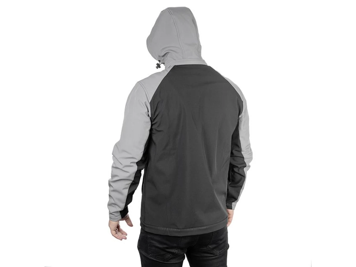 Куртка SOFTSHELL світло сіро-чорна, з капюшоном, тришарова, тканина - стрейч 300 GSM 100D, з водо- і вітрозахистом, розмір XXXL INTERTOOL SP-3126 