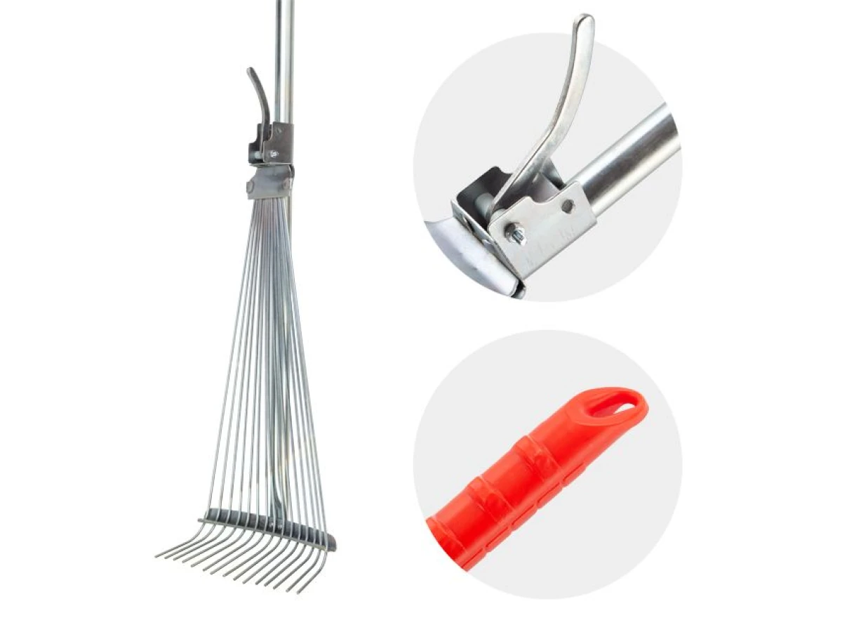 Граблі віялові 15 прутів, металева рукоятка, регулювання ширини робочої поверхні (30-50 см) INTERTOOL FT-3004 