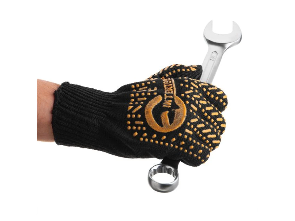 Рукавичка трикотажна з ПВХ крапкою, клас в'язки 7, колір чорний, жовта точка, 90 г INTERTOOL SP-0128 