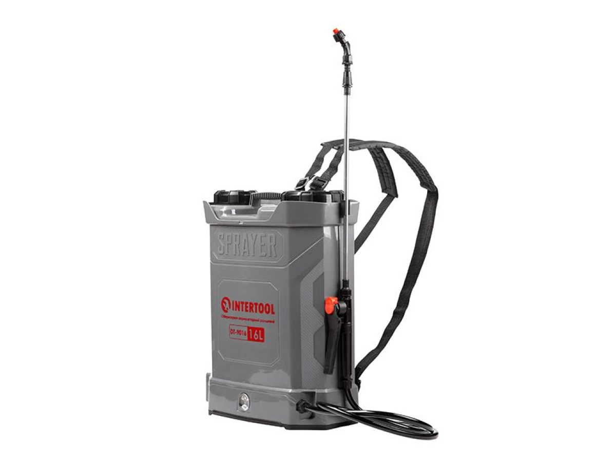 Опрыскиватель аккумуляторный ранцевый 16 л, 3.1 л/мин, батарея 12 В/8 Ач INTERTOOL DT-9016 