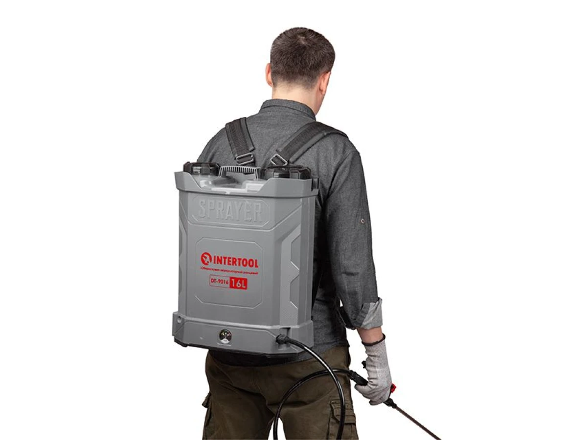 Опрыскиватель аккумуляторный ранцевый 16 л, 3.1 л/мин, батарея 12 В/8 Ач INTERTOOL DT-9016 