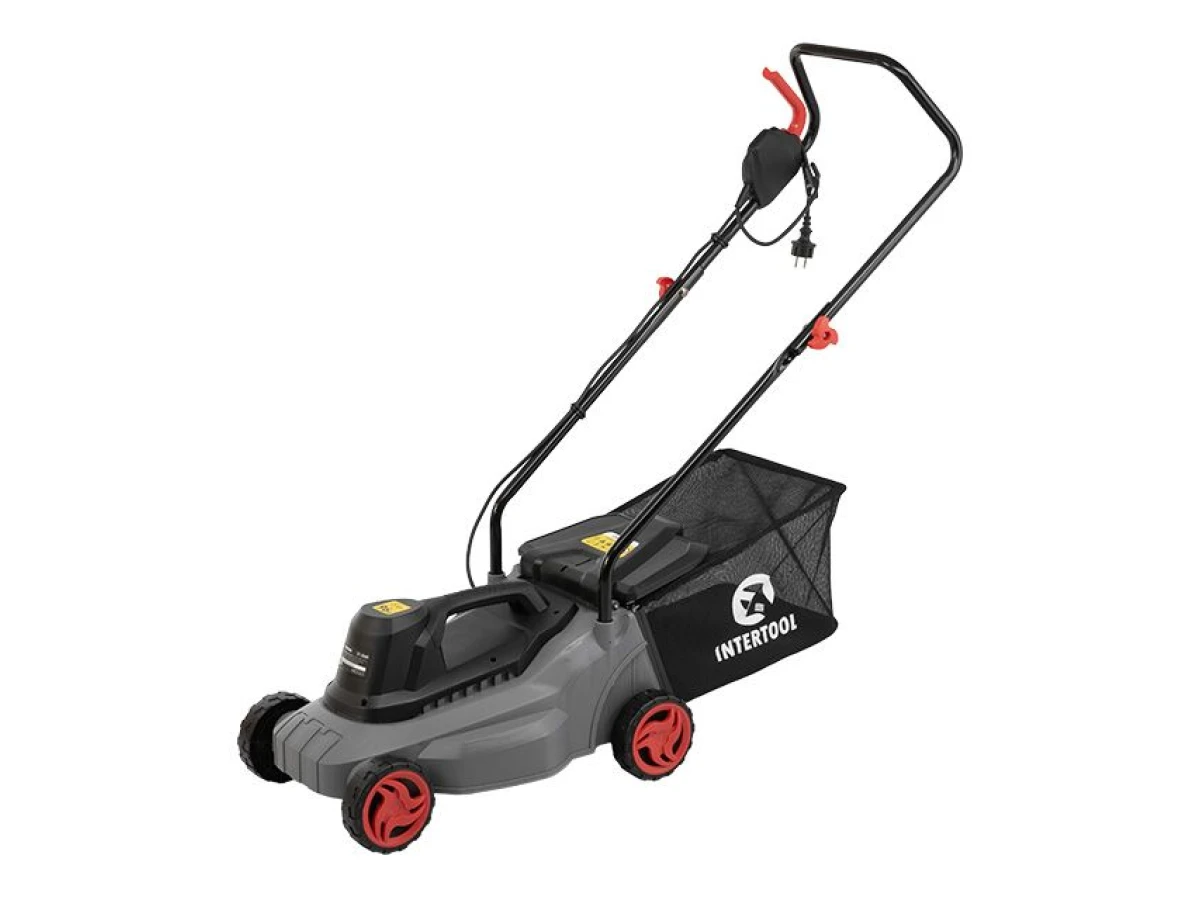 Газонокосилка электрическая 1.2 кВт, 230 В~50 Гц, 3300 об/мин, ширина захвата 320 мм, высота среза 27/45/52 мм, контейнер 30 литров INTERTOOL DT-2260 