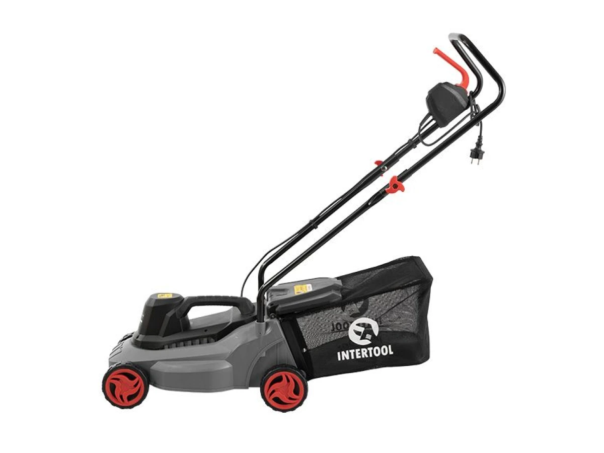 Газонокосилка электрическая 1.2 кВт, 230 В~50 Гц, 3300 об/мин, ширина захвата 320 мм, высота среза 27/45/52 мм, контейнер 30 литров INTERTOOL DT-2260 