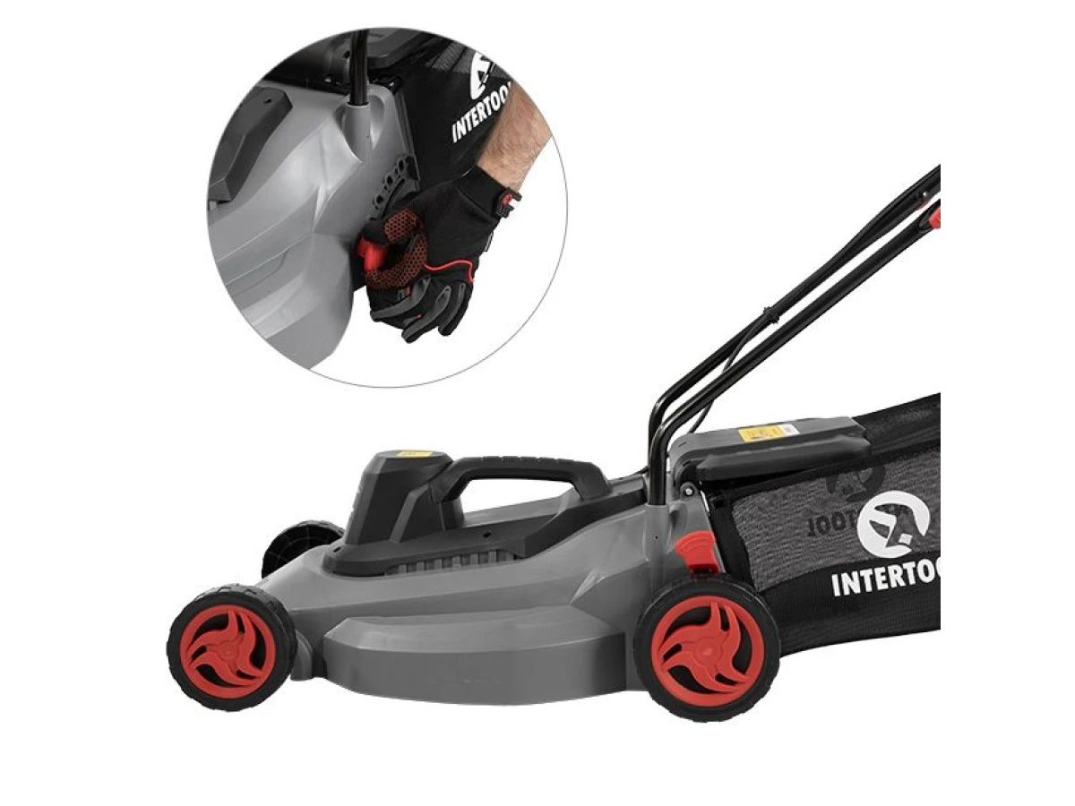 Газонокосилка электрическая 1300Вт, 230В, 3500об/мин, ширина захвата 380мм, высота среза 20/40/60мм, контейнер 35 литров INTERTOOL DT-2262 