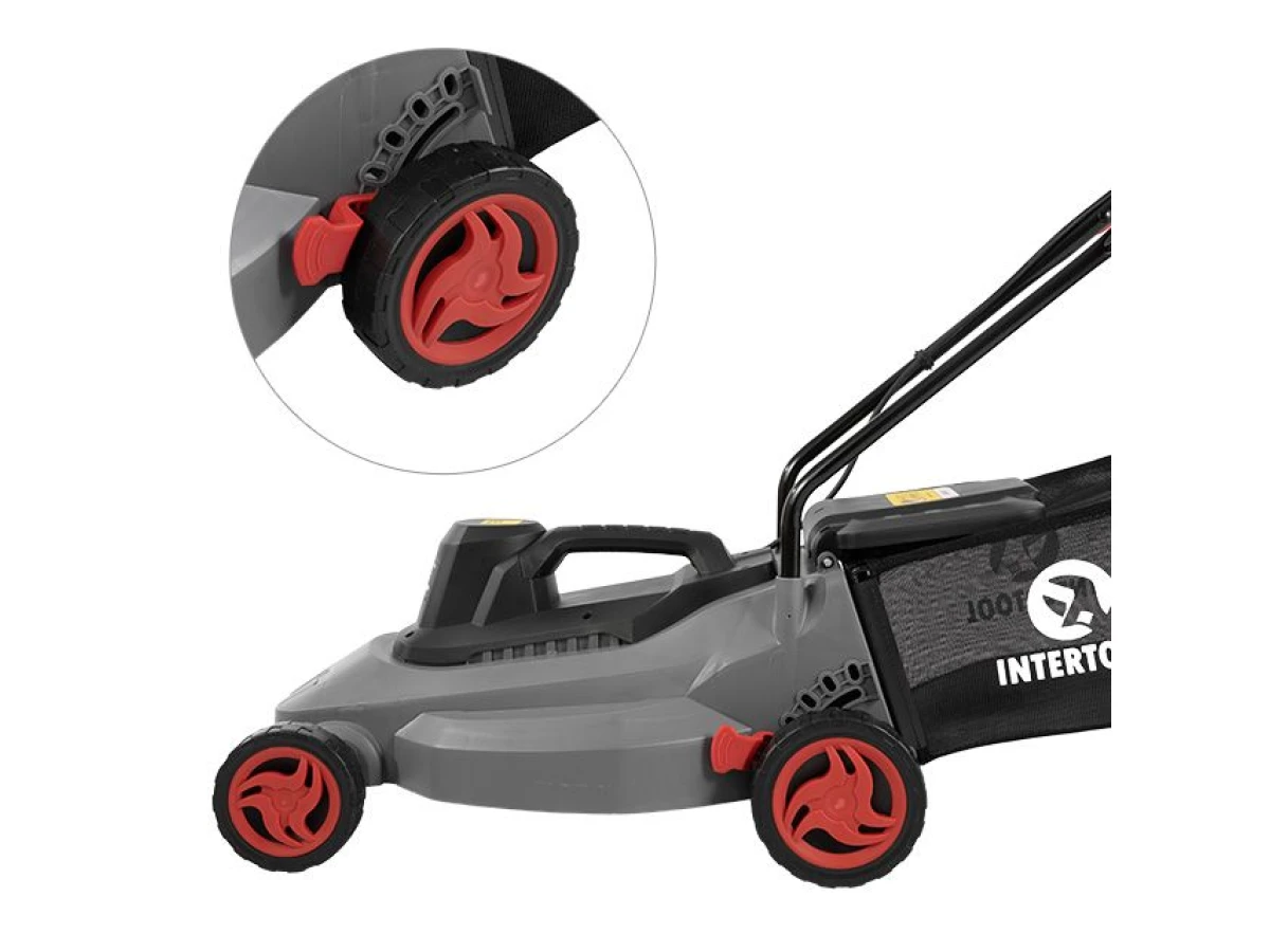 Газонокосилка электрическая 1300Вт, 230В, 3500об/мин, ширина захвата 380мм, высота среза 20/40/60мм, контейнер 35 литров INTERTOOL DT-2262 