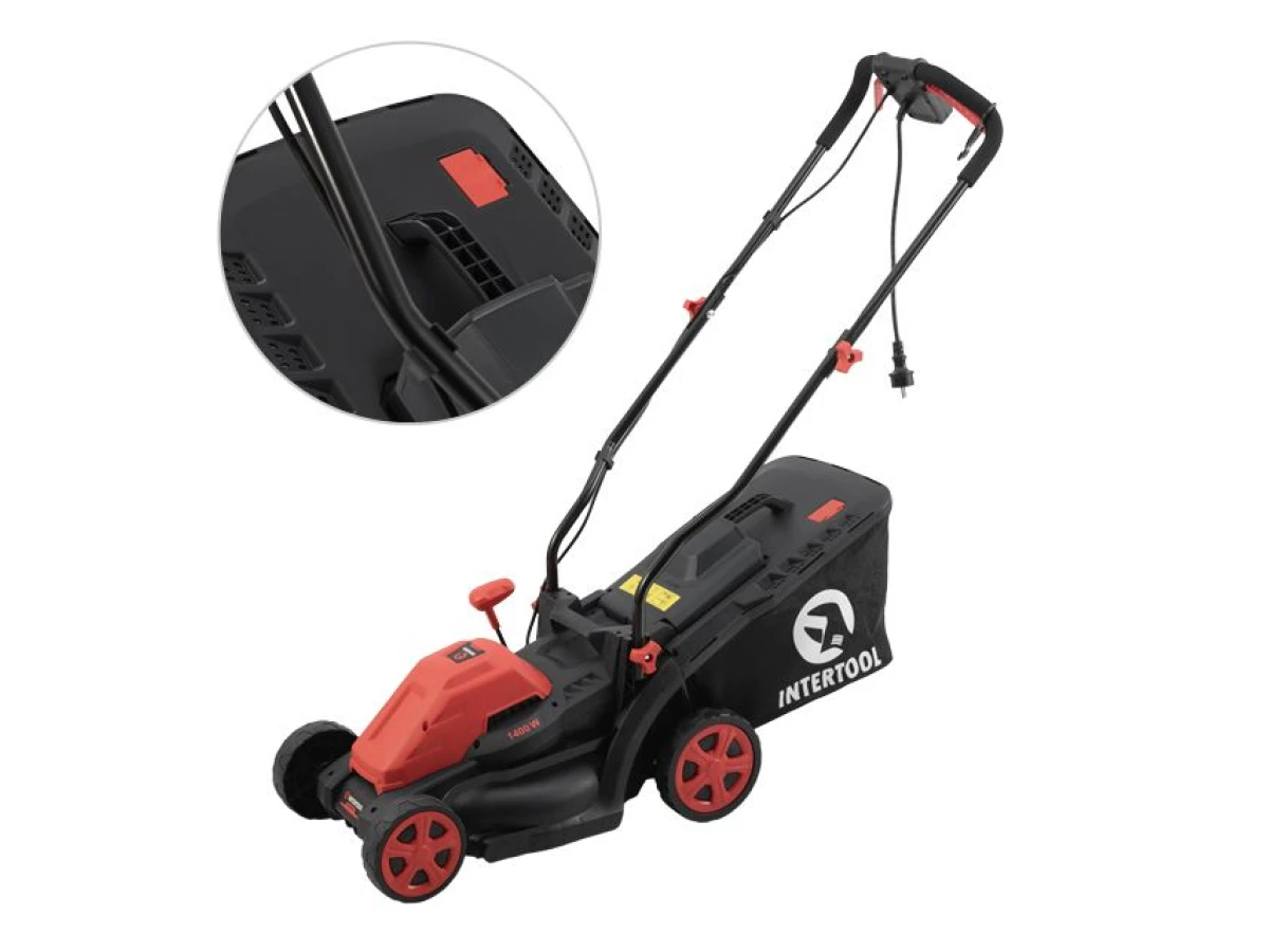 Газонокосилка электрическая 1.4 кВт, 230 В~50 Гц, 3300 об/мин, ширина захвата 340 мм, высота среза 30-80 мм, контейнер 35 литров, STORM INTERTOOL WT-2264 