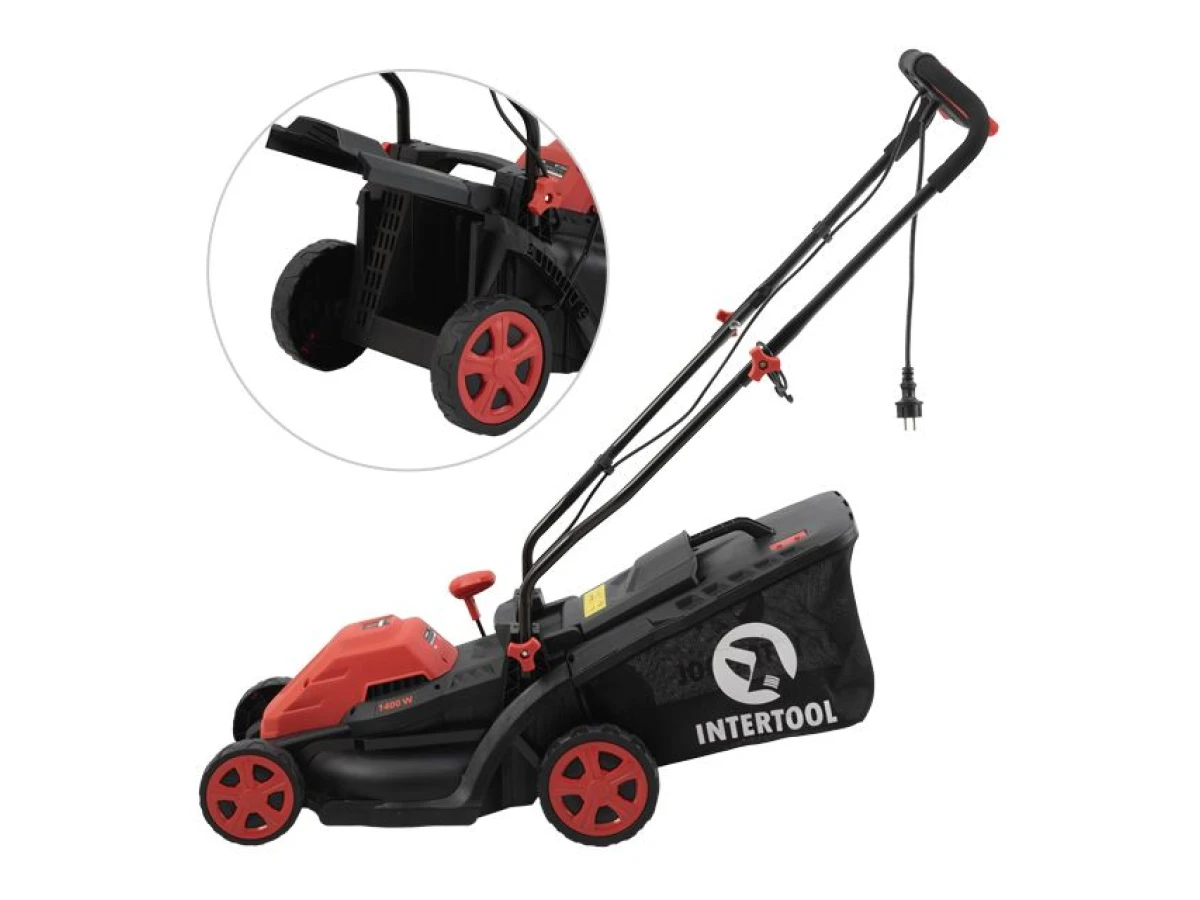 Газонокосилка электрическая 1.4 кВт, 230 В~50 Гц, 3300 об/мин, ширина захвата 340 мм, высота среза 30-80 мм, контейнер 35 литров, STORM INTERTOOL WT-2264 