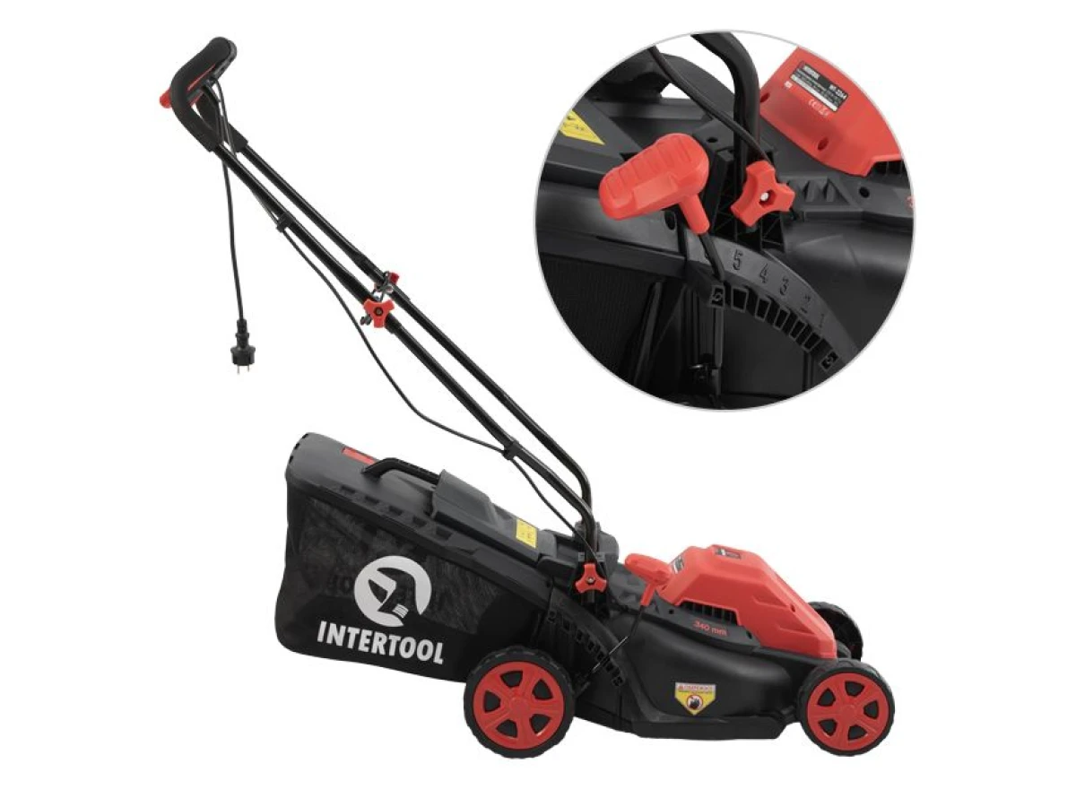 Газонокосилка электрическая 1.4 кВт, 230 В~50 Гц, 3300 об/мин, ширина захвата 340 мм, высота среза 30-80 мм, контейнер 35 литров, STORM INTERTOOL WT-2264 