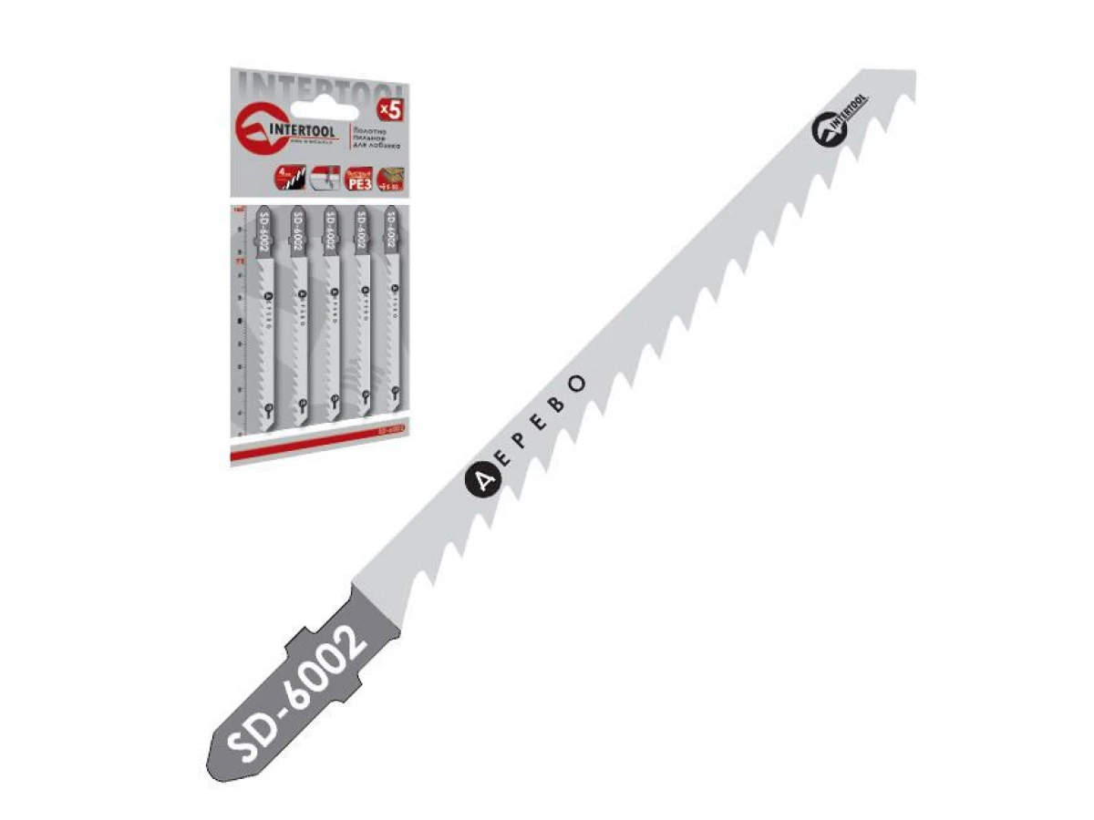 Набір полотен 5 од. для лобзика. Робоча довжина 75 мм, для роботи по деревині, ламінату, ізоляційному матеріалу, пластику. INTERTOOL SD-6002 