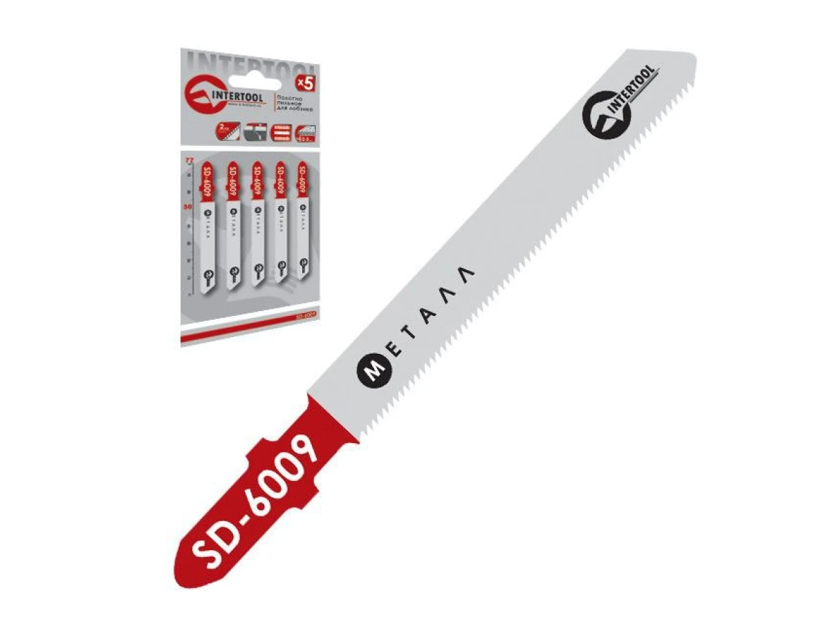Набор полотен 5 ед. для лобзика. Рабочая длина 50 мм, шаг зуба 2,0 мм, для работы с тонким листовым и цветным металлом INTERTOOL SD-6009 