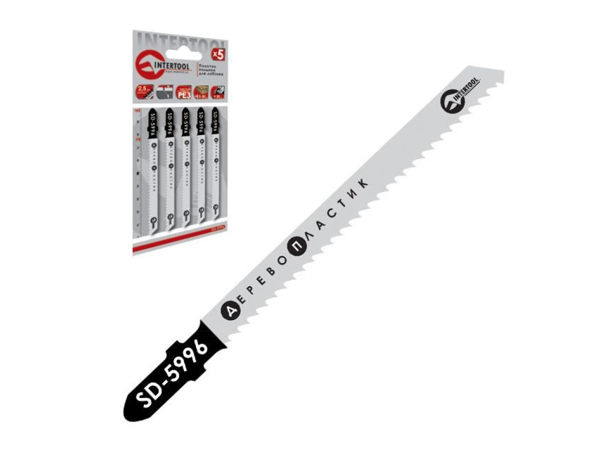 Набір полотен 5 од. для лобзика. Робоча довжина 75 мм, шаг зуба 2,5 мм, для роботи по деревині, ламінату, пластику. INTERTOOL SD-5996 