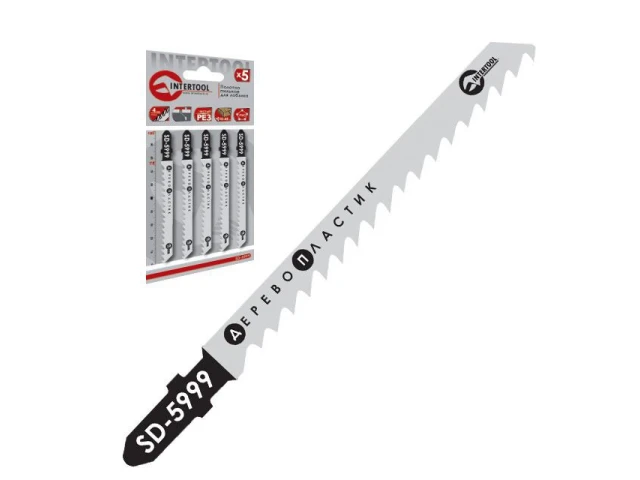 Набір полотен 5 од. для лобзика. Робоча довжина 75 мм, відстань між зубцями 4,0 мм, для роботи по деревині, ламінату, пластику. INTERTOOL SD-5999 