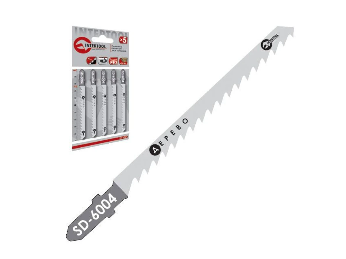 Набір полотен 5 од. для лобзика. Робоча довжина 75 мм, відстань між зубцями 4,0 мм, для роботи по деревині та ламінату. INTERTOOL SD-6004 