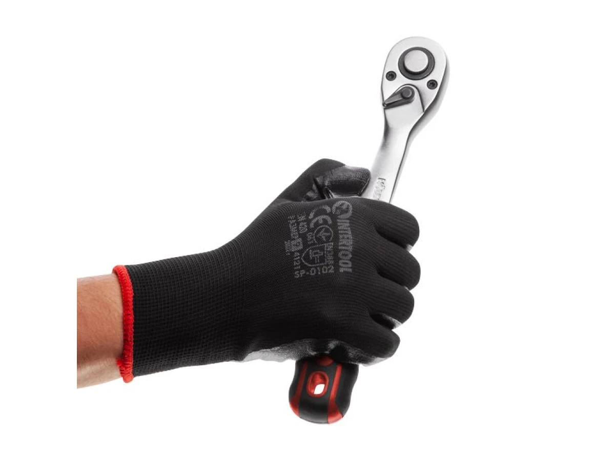 Рукавичка трикотажна, синтетична, чорного кольору, з нітриловим покриттям, 9" INTERTOOL SP-0102 