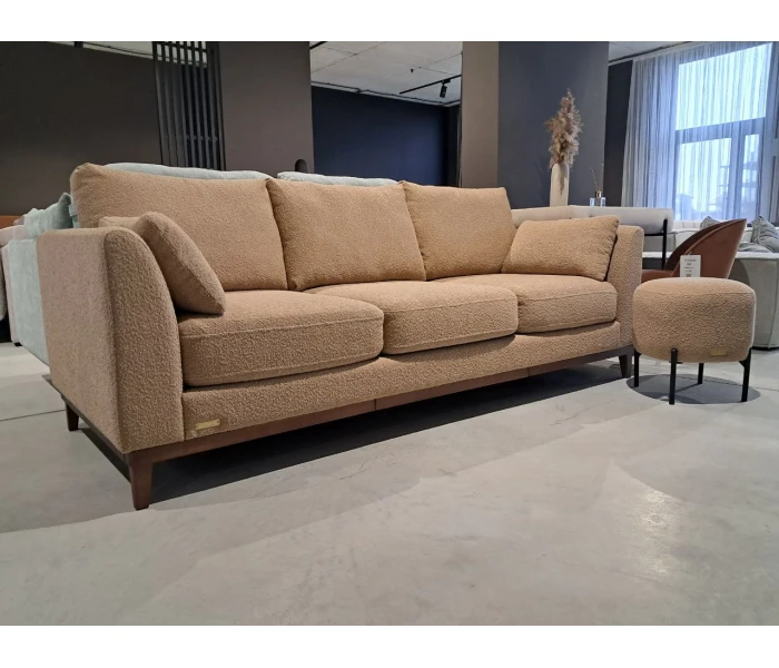 Прямий диван із тканини букле в комплекті з пуфом