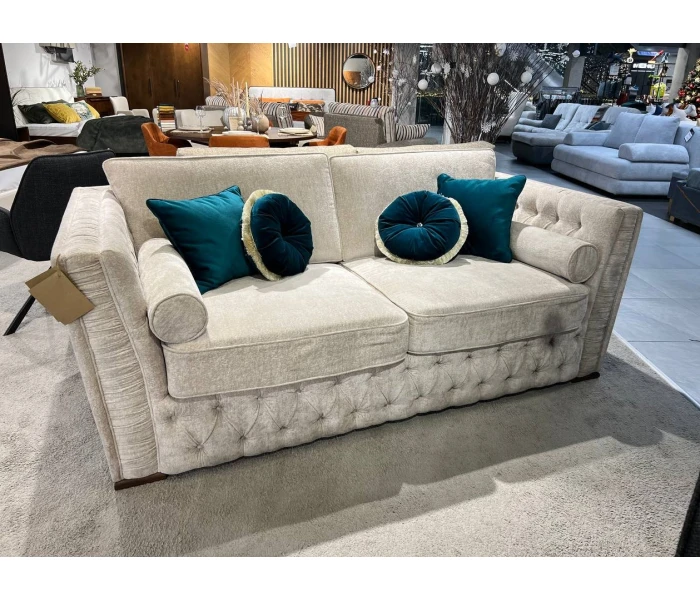 Диван бежевий велюровий з каретною стяжкою по низу