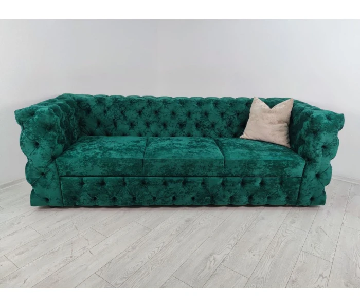 Изумрудный велюровый диван с каретной стяжкой