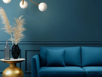 Мягкий синий диван с велюровой обивкой