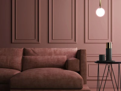 Просторный угловой диван приглушенно розового цвета