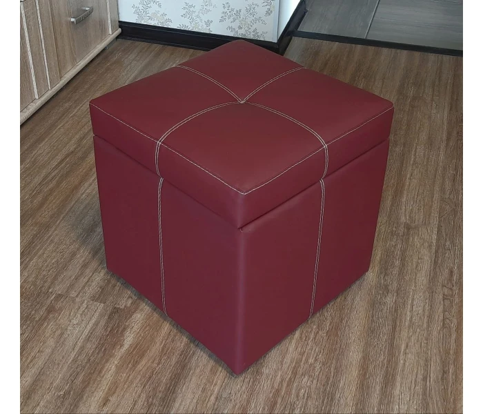 Пуф-куб у бордовій екошкірі з перехресною прошивкою та нішею
