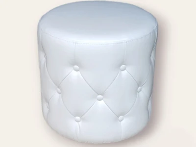 Циліндричний м'який пуф в білій екошкірі з каретною стяжкою