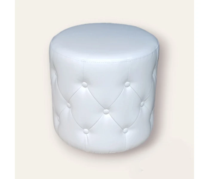 Циліндричний м'який пуф в білій екошкірі з каретною стяжкою