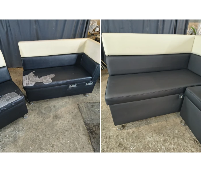 Перетяжка модульного кутового дивана для HoReCa з комбінованою оббивкою