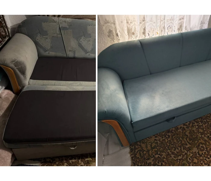 Перетяжка розкладного дивана з дерев'яним декором