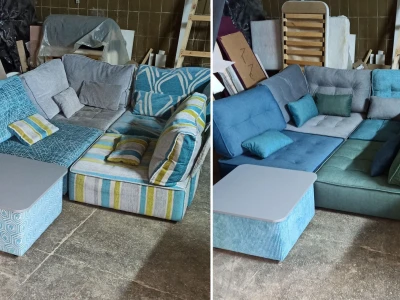 Перетяжка безкаркасного модульного дивана з комбінацією відтінків велюру