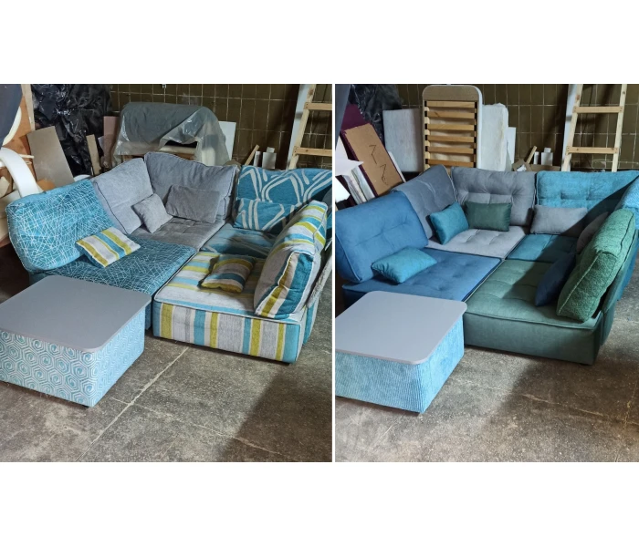 Перетяжка безкаркасного модульного дивана з комбінацією відтінків велюру