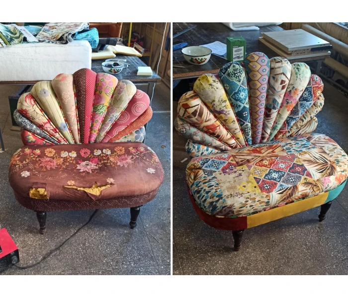 Реставрація акцентної банкетки з фігурною спинкою та комбінованою оббивкою