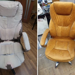 Повна перетяжка офісного крісла в гірчичний велюр