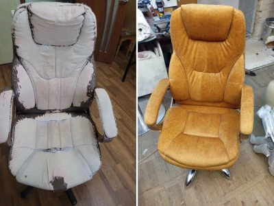 Повна перетяжка офісного крісла в гірчичний велюр