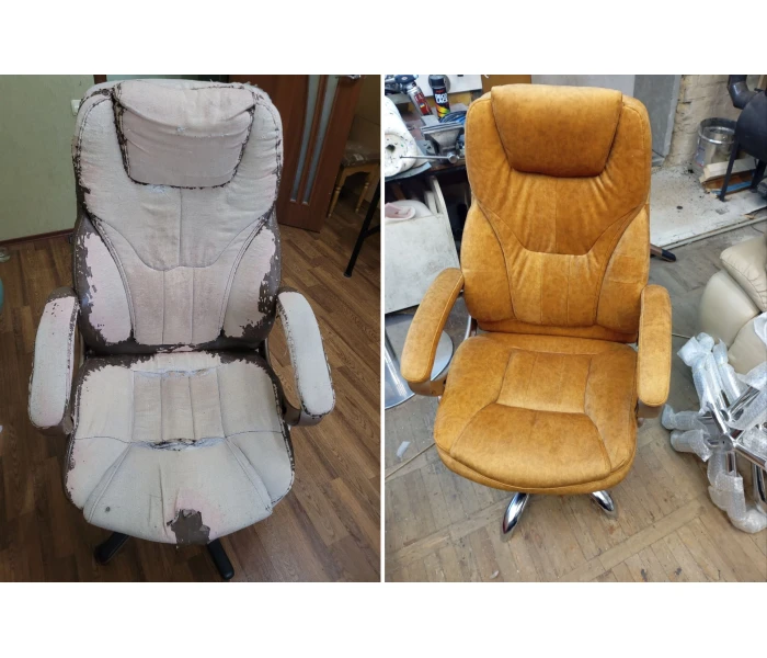 Повна перетяжка офісного крісла в гірчичний велюр