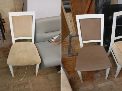 Перетяжка обіднього стільця з м'якою спинкою у кавовий велюр